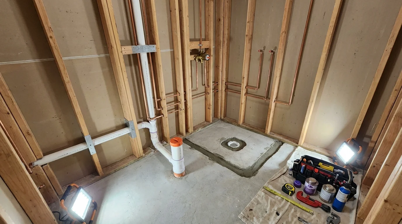 Bathroom rough-in plumbing during remodel by Johns Plumbing LLC in Garden Grove