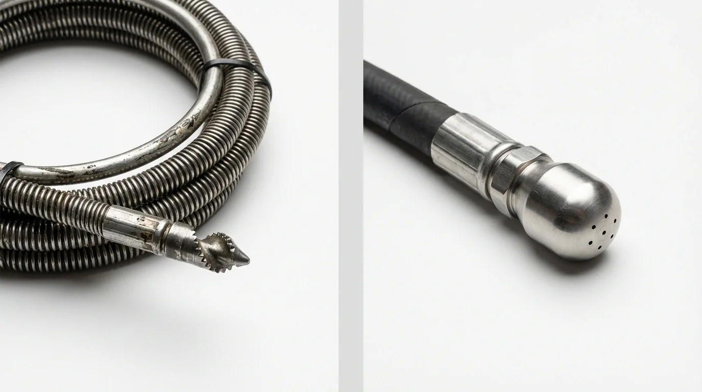 Drain snake cable and hydro jetting nozzle used for drain cleaning in Garden Grove, CA