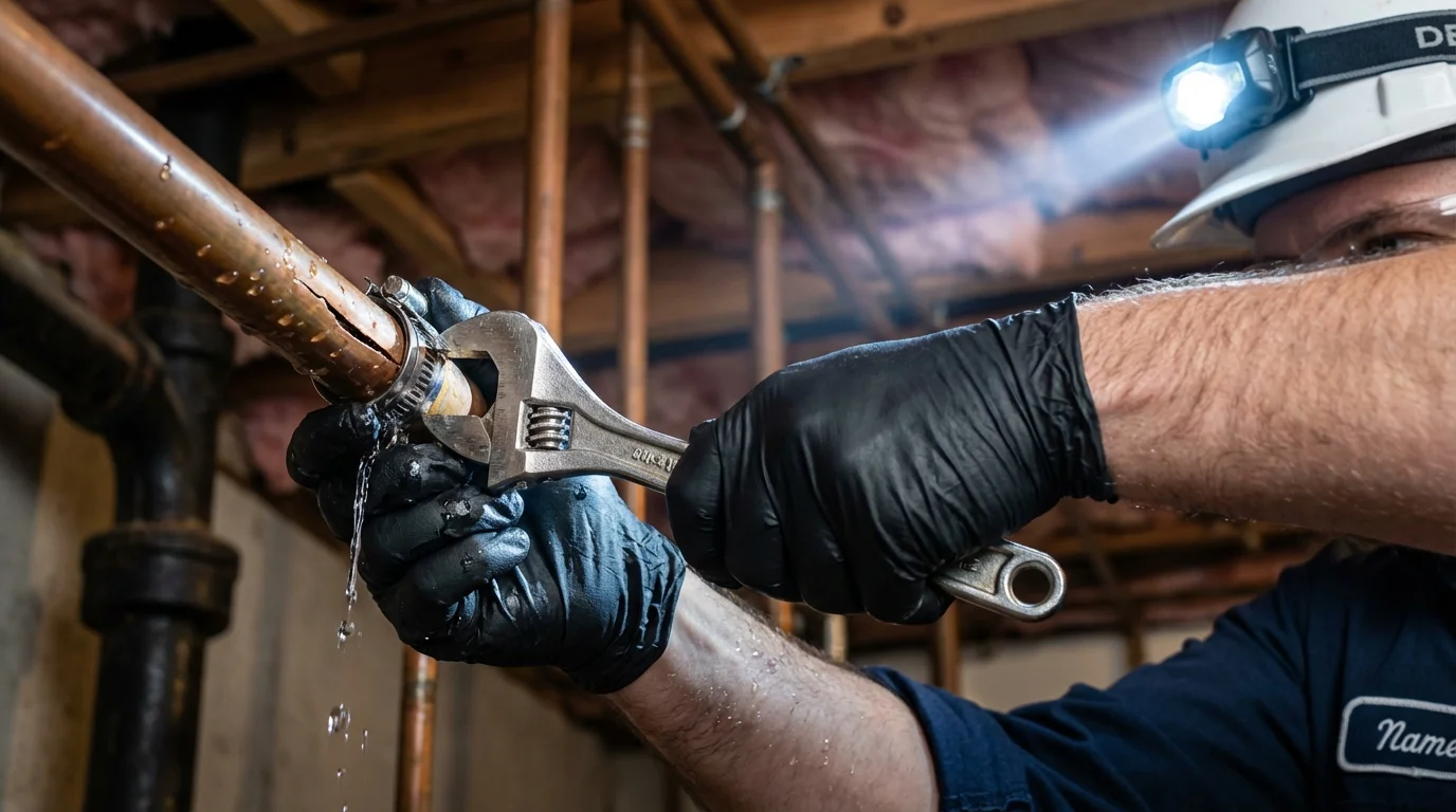 Emergency pipe clamp repair being performed by a Johns Plumbing LLC plumber in Garden Grove