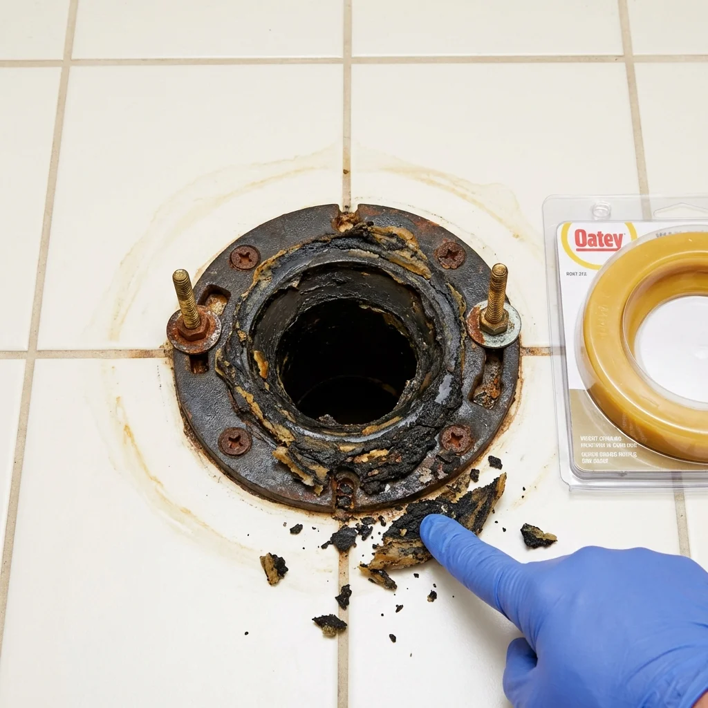 Failed wax ring showing water seepage at the base of a toilet in a Garden Grove, CA home